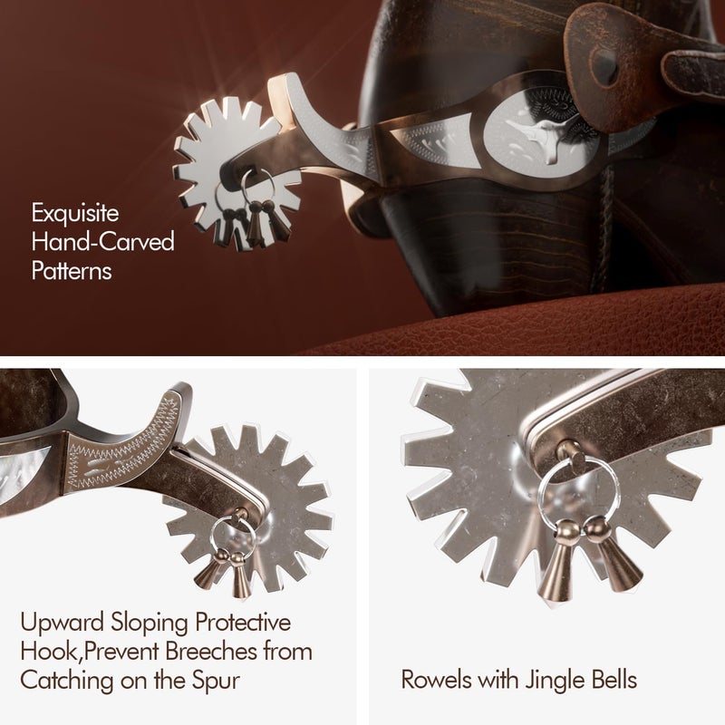 EQUSPUR Western Cowboy Spurs, 1 Pair Horse Spurs with Rowels, Antique Horse Boot Spurs with Hand-Carved Decoration for Adult Equestrian, Men Women - Image 4